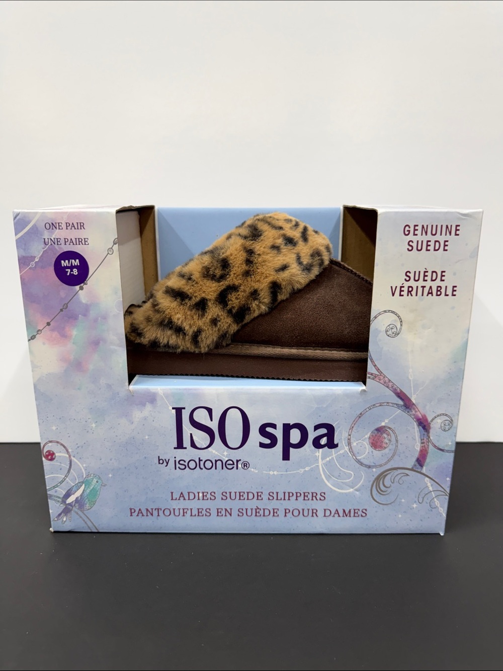 isotoner Brown Suede Slippers with Leopard Print Cuff